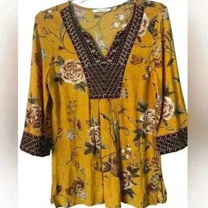Soft Surroundings Etana Tunic Mustard Gold Floral Embroidered Boho Peasant Top